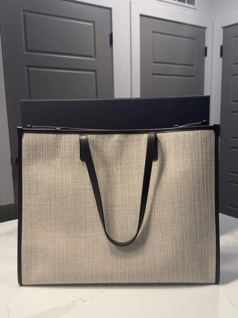 Dolce & Gabbana Large Shopping Beige Canvas Tote with Dark Brown Trim